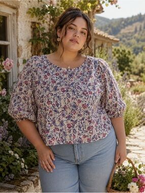 Cottagecore Paisley Puff Sleeve Cotton Blouse Plus Size Boho Prairie Top